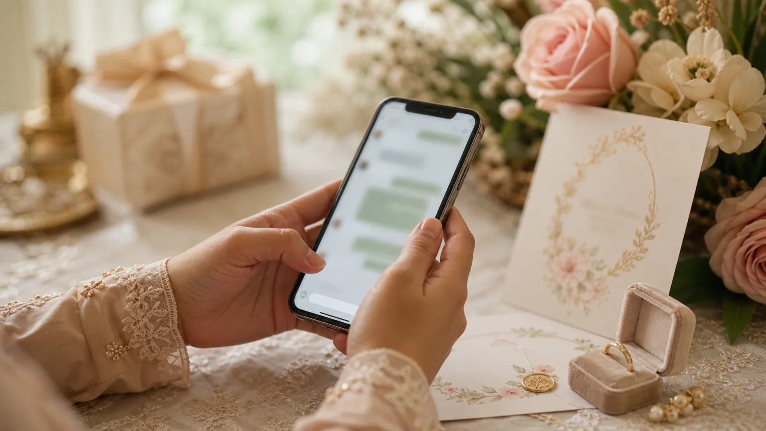 Telefon dengan mesej jemputan kahwin dan kad jemputan di atas meja